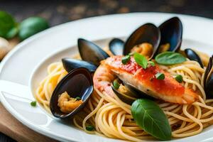 espaguetis con mejillones y camarón. generado por ai foto