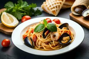 spaghetti with mussels and tomatoes in a white plate. AI-Generated photo