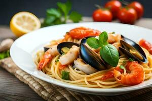 spaghetti with mussels and tomatoes in a white plate. AI-Generated photo