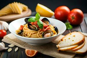 spaghetti with mussels and tomatoes in a bowl. AI-Generated photo