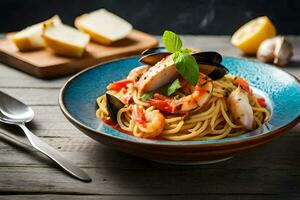 spaghetti with mussels and clams in a bowl. AI-Generated photo