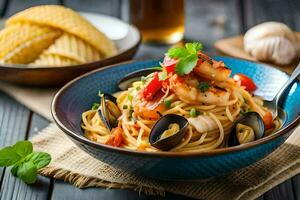 spaghetti with mussels and shrimp in a bowl. AI-Generated photo