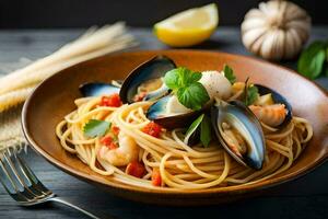 spaghetti with mussels and clams in a bowl. AI-Generated photo