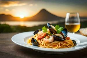 spaghetti with mussels and clams on a plate with a glass of wine. AI-Generated photo