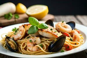 un plato de pasta con Mariscos y vegetales. generado por ai foto