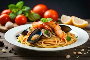 spaghetti with mussels and shrimp on a plate. AI-Generated photo