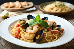 spaghetti with mussels and tomatoes in a white plate. AI-Generated photo