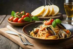 spaghetti with clams and tomatoes in a bowl. AI-Generated photo