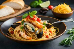spaghetti with mussels and clams in tomato sauce. AI-Generated photo