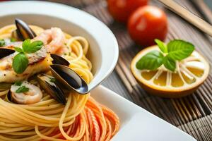 spaghetti with seafood and vegetables on a plate. AI-Generated photo