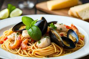 a plate of pasta with mussels, clams and shrimp. AI-Generated photo