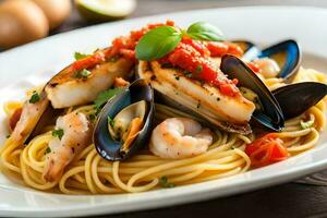 a plate of pasta with seafood and tomatoes. AI-Generated photo