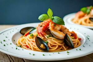 spaghetti with seafood and mussels on a white plate. AI-Generated photo