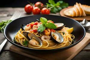spaghetti with mussels and clams in a bowl. AI-Generated photo