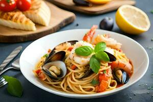 spaghetti with mussels, clams and tomatoes. AI-Generated photo