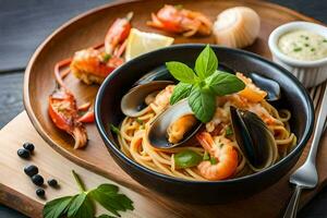 spaghetti with mussels and clams in a bowl. AI-Generated photo