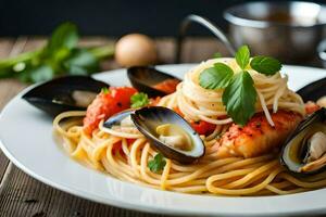 spaghetti with mussels and clams on a white plate. AI-Generated photo
