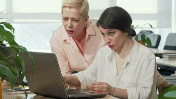 Young businesswoman showing her projects on the laptop to her female boss video