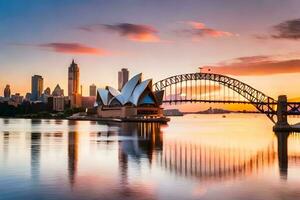 sydney skyline at sunset with the opera house and bridge. AI-Generated photo