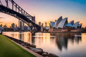 sydney opera house and sydney bridge at sunset. AI-Generated photo