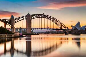 the sydney harbour bridge and opera house at sunset. AI-Generated photo