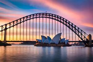 el Sydney ópera casa y puente a puesta de sol. generado por ai foto