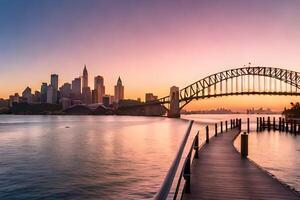 Sydney puerto puente y ciudad horizonte a puesta de sol. generado por ai foto