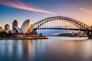 el Sydney ópera casa y puente a puesta de sol. generado por ai foto