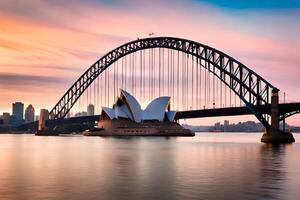 el Sydney ópera casa y puente a puesta de sol. generado por ai foto