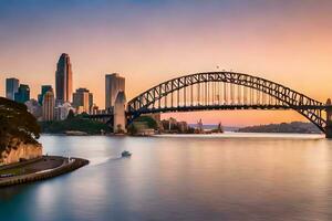 el Sydney puerto puente y ciudad horizonte a puesta de sol. generado por ai foto