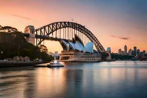 the sydney opera house and the sydney bridge at sunset. AI-Generated photo