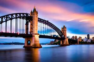 the sydney harbour bridge at sunset. AI-Generated photo