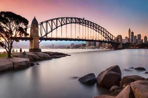 el Sydney puerto puente a puesta de sol. generado por ai foto