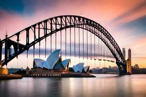 sydney opera house and bridge at sunset. AI-Generated photo