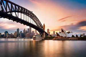 sydney harbour bridge and sydney opera house at sunset. AI-Generated photo