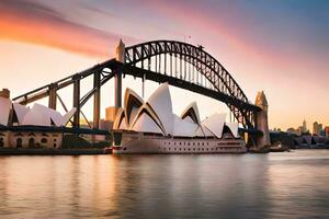 sydney opera house and sydney bridge at sunset. AI-Generated photo
