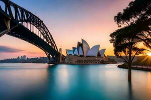 el Sydney ópera casa y puerto puente a puesta de sol. generado por ai foto