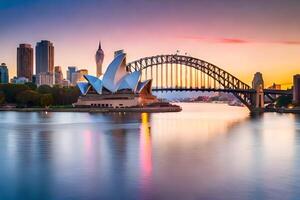 sydney opera house and sydney bridge at sunset. AI-Generated photo