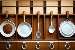a cabinet with several utensils and pans. AI-Generated photo