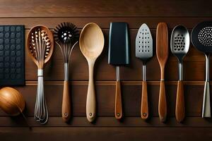 un grupo de diferente cocina utensilios en un de madera mesa. generado por ai foto