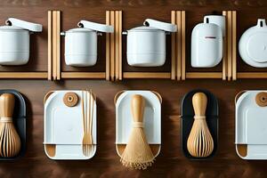 a wooden rack with various utensils and spoons. AI-Generated photo