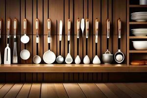 a shelf with many utensils on it. AI-Generated photo