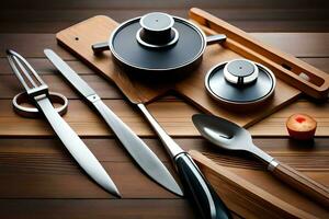 a wooden cutting board with utensils on it. AI-Generated photo