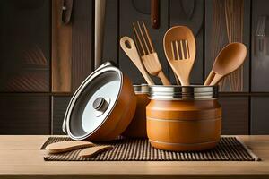 a wooden set of utensils and spoons on a table. AI-Generated photo