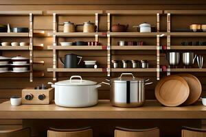 a kitchen with pots and pans on shelves. AI-Generated photo