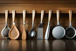 a row of kitchen utensils are lined up on a shelf. AI-Generated photo