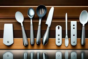 a collection of kitchen utensils on a wooden shelf. AI-Generated photo