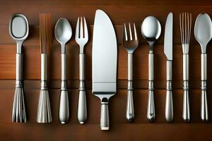 silverware on wooden table with silverware. AI-Generated photo