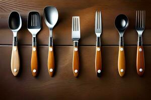 five different types of utensils on a wooden table. AI-Generated photo