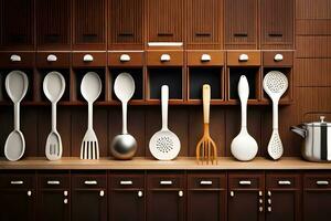 a kitchen with many spoons and utensils on a shelf. AI-Generated photo